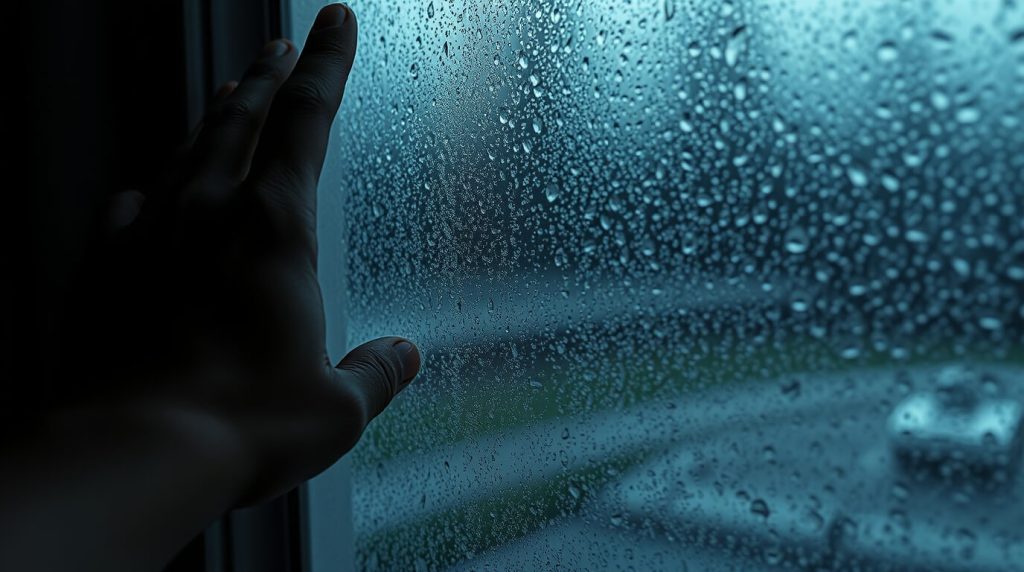 Condensation forming on a single-glazed window with water droplets streaming down. A person’s hand wipes away the moisture, revealing a clearer view outside.