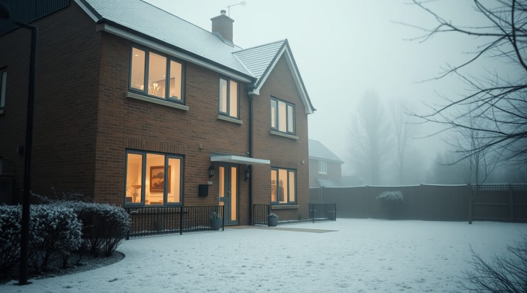 A new build Cheltenham home featuring floor-to-ceiling energy-efficient windows with low-emissivity solar control glass, ensuring optimal insulation and natural light on a cold winter morning.