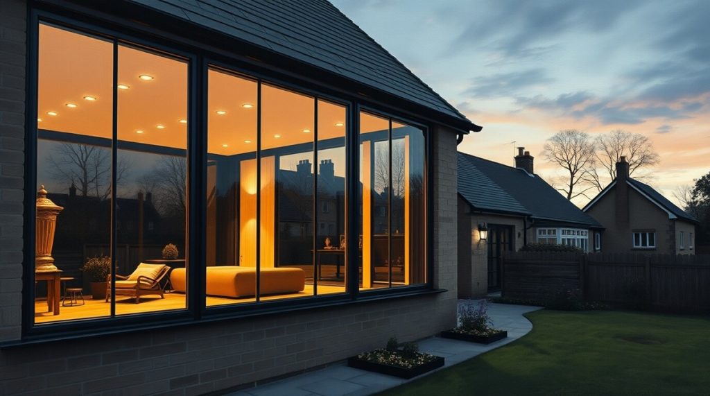 A modern detached home in Gloucestershire with large triple-glazed energy-efficient windows, featuring low-emissivity glass and black aluminium frames designed for superior thermal insulation. The warm interior lighting contrasts against the cool evening sky.