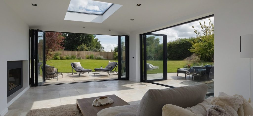 A contemporary living room with fully opened OB-72 bifold doors revealing a spacious, well-manicured garden, creating a seamless indoor-outdoor living space with ample natural light.